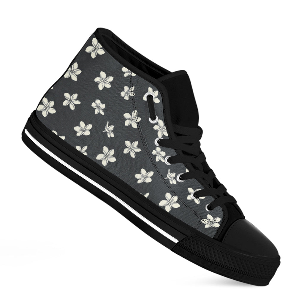 Monochrome Plumeria Pattern Print Black High Top Shoes