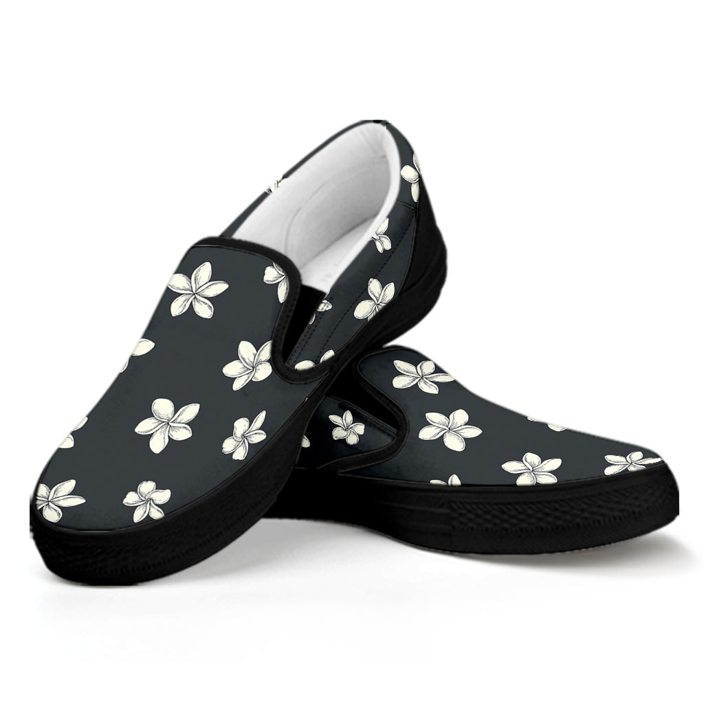 Monochrome Plumeria Pattern Print Black Slip On Shoes