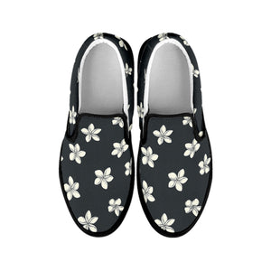 Monochrome Plumeria Pattern Print Black Slip On Shoes