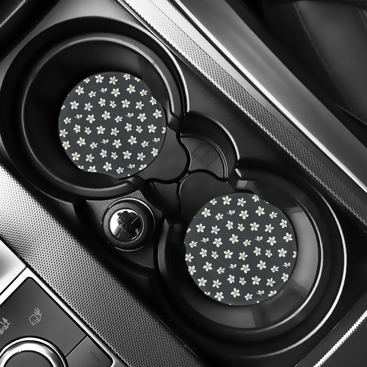 Monochrome Plumeria Pattern Print Car Coasters
