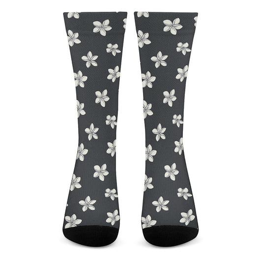Monochrome Plumeria Pattern Print Crew Socks