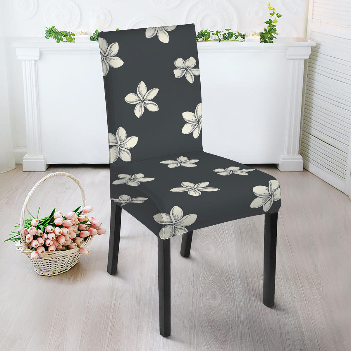 Monochrome Plumeria Pattern Print Dining Chair Slipcover