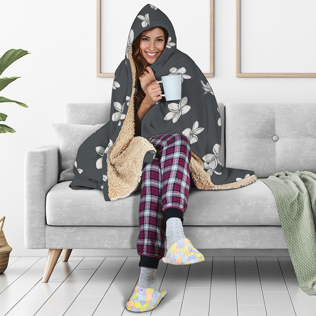 Monochrome Plumeria Pattern Print Hooded Blanket