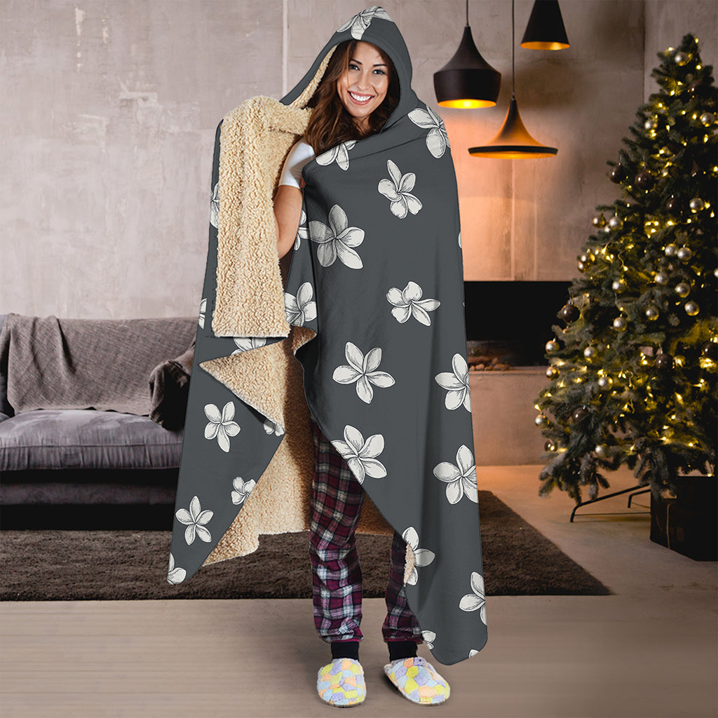 Monochrome Plumeria Pattern Print Hooded Blanket