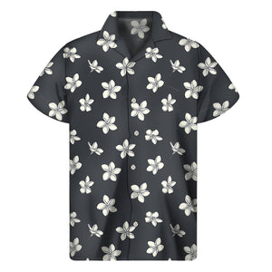 Monochrome Plumeria Pattern Print Men's Short Sleeve Shirt