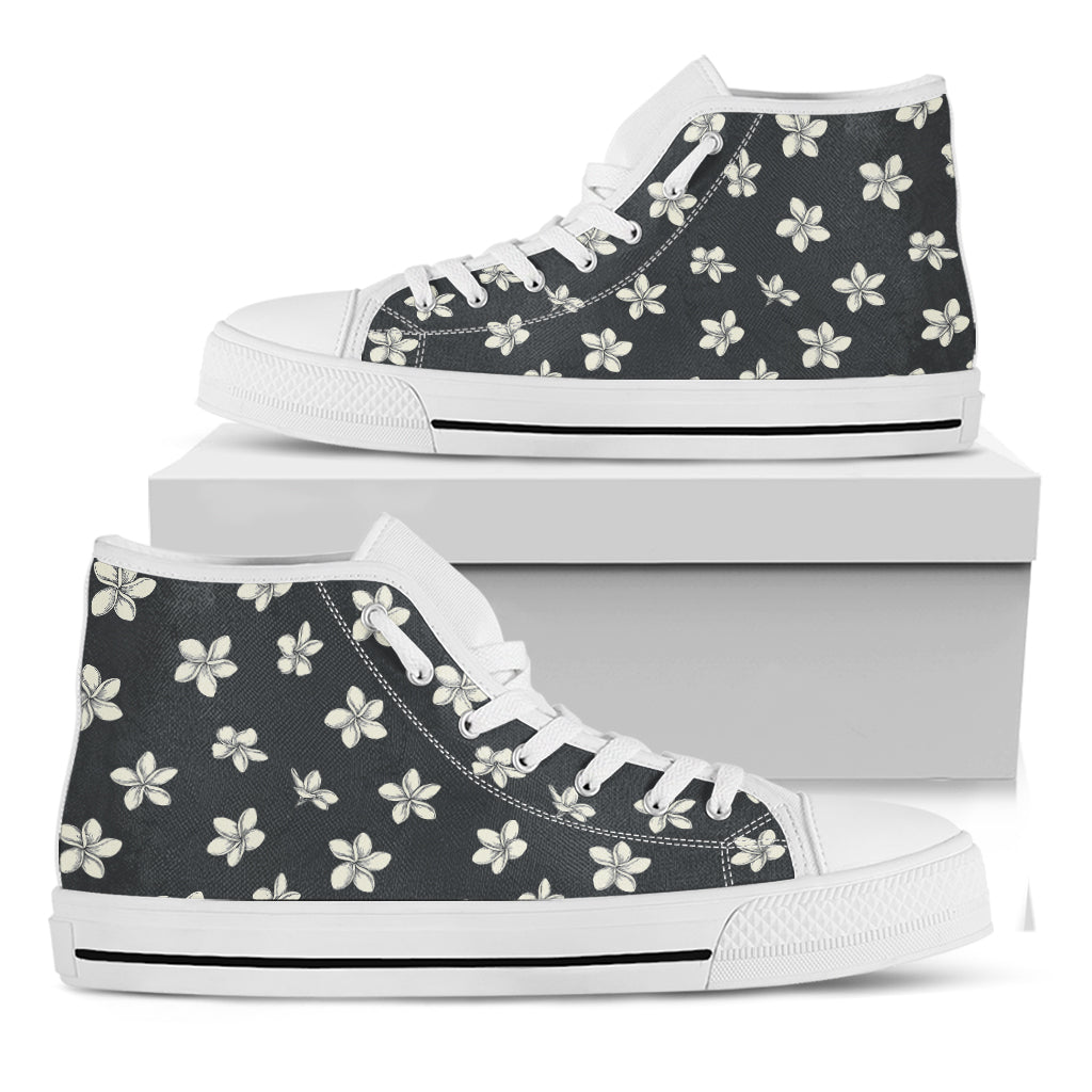 Monochrome Plumeria Pattern Print White High Top Shoes