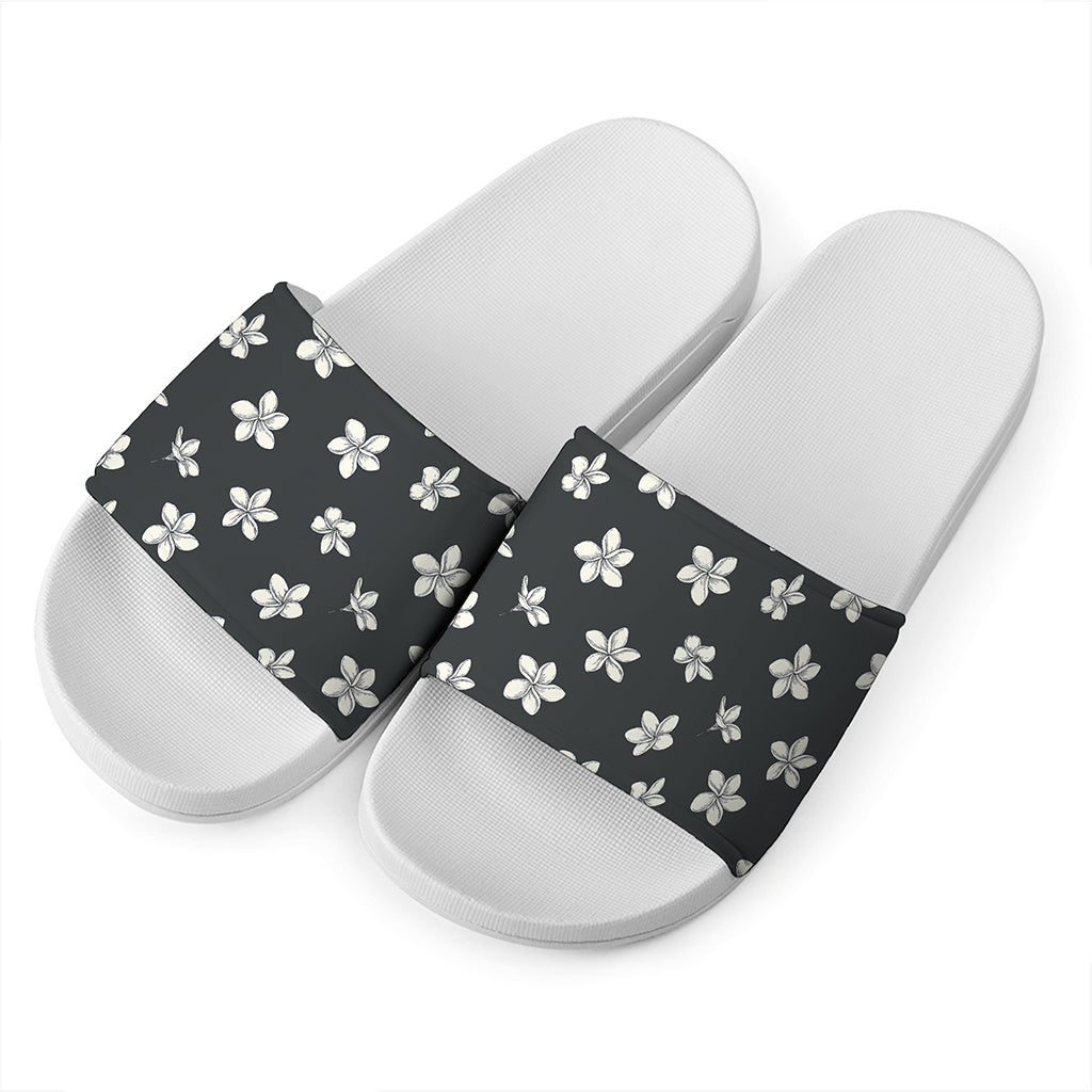 Monochrome Plumeria Pattern Print White Slide Sandals