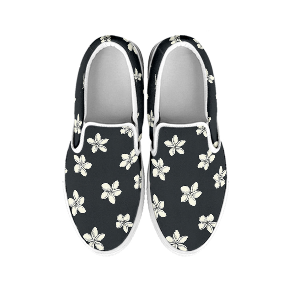 Monochrome Plumeria Pattern Print White Slip On Shoes