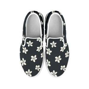 Monochrome Plumeria Pattern Print White Slip On Shoes