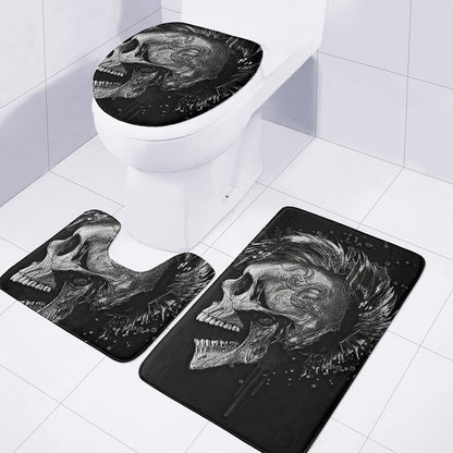 Monochrome Punk Skull Print 3 Piece Bath Mat Set