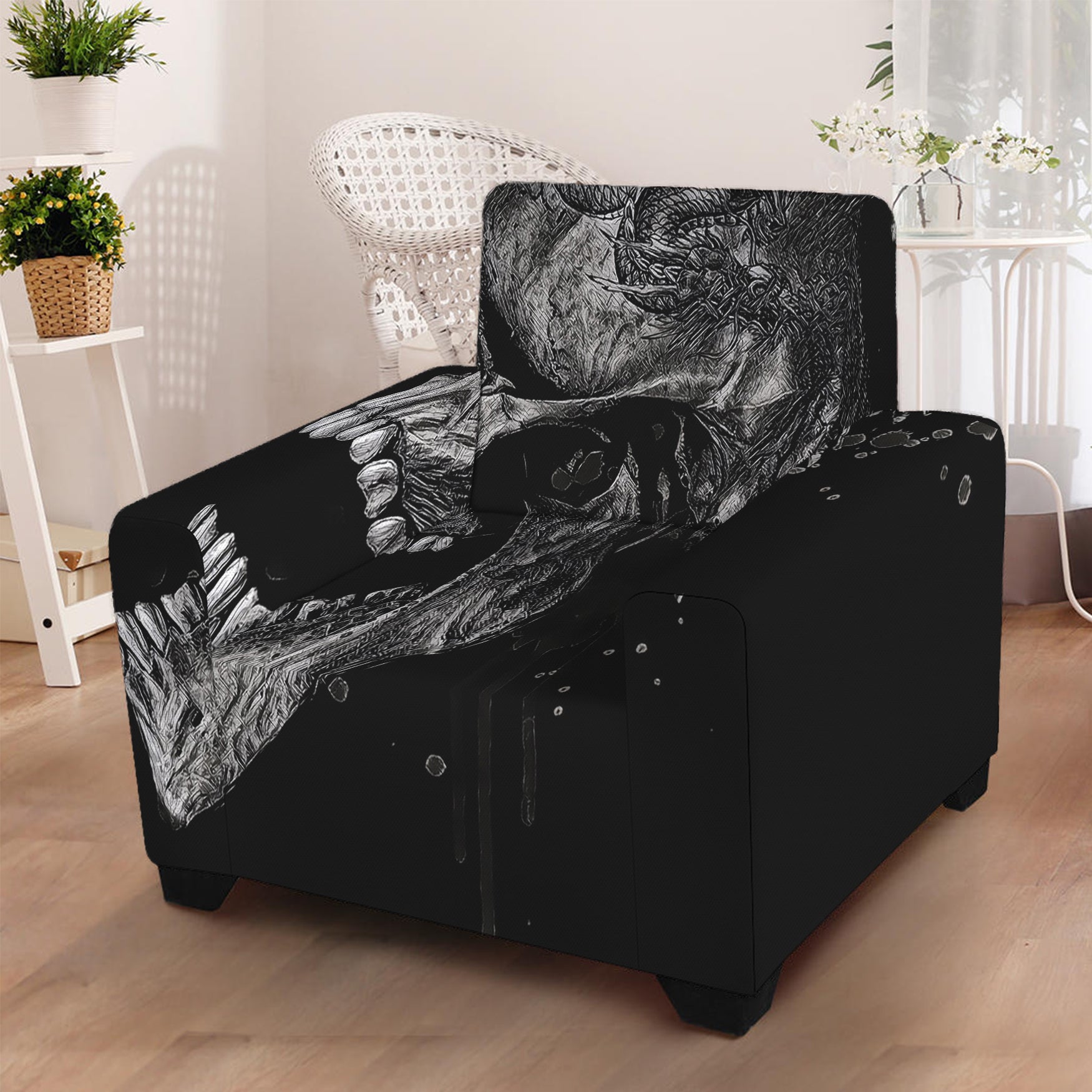 Monochrome Punk Skull Print Armchair Slipcover