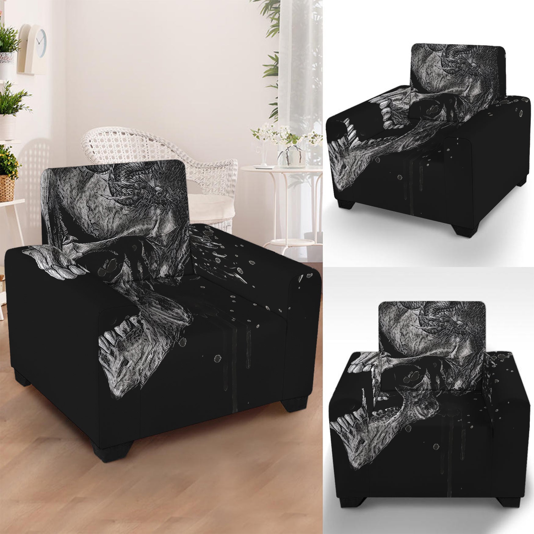 Monochrome Punk Skull Print Armchair Slipcover