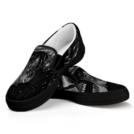 Monochrome Punk Skull Print Black Slip On Shoes