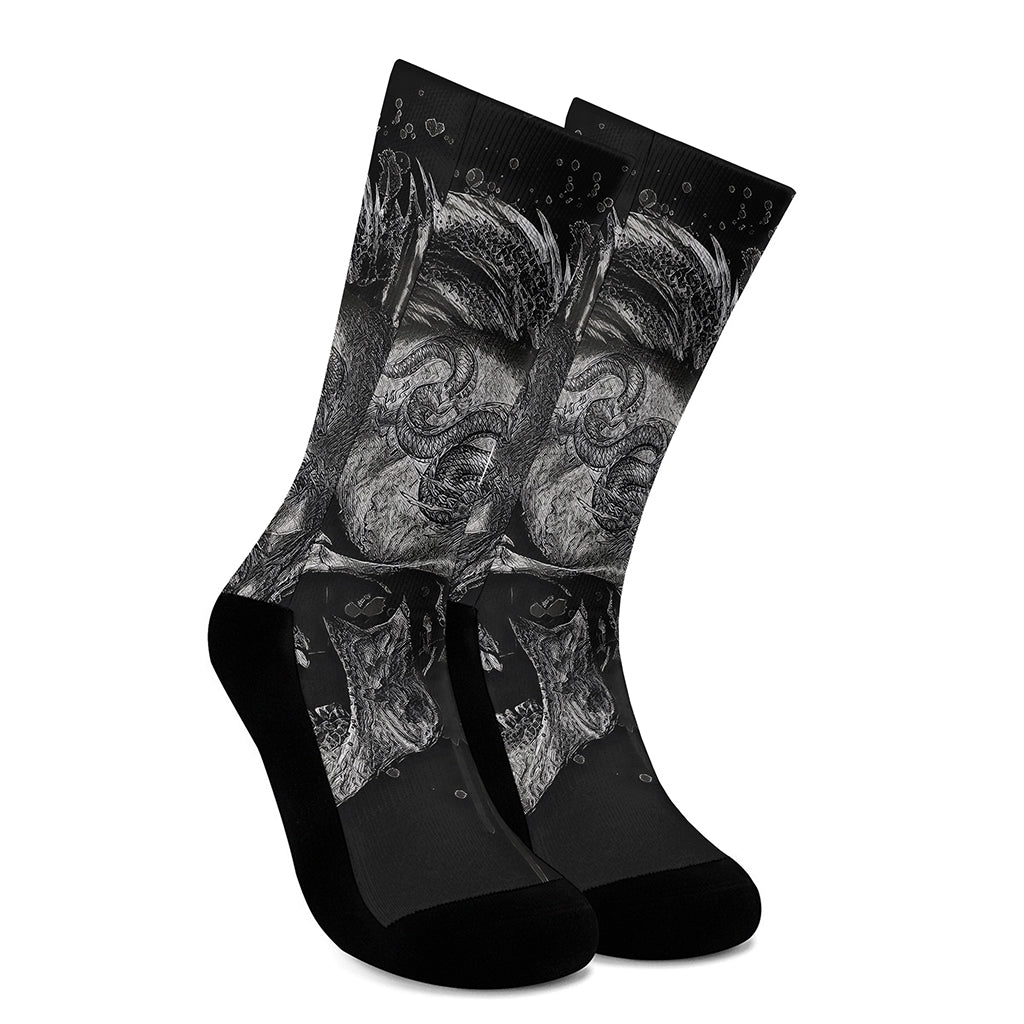 Monochrome Punk Skull Print Crew Socks