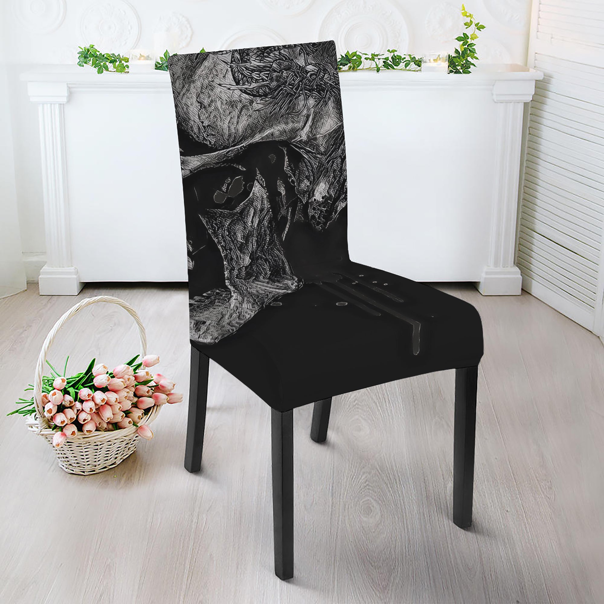 Monochrome Punk Skull Print Dining Chair Slipcover