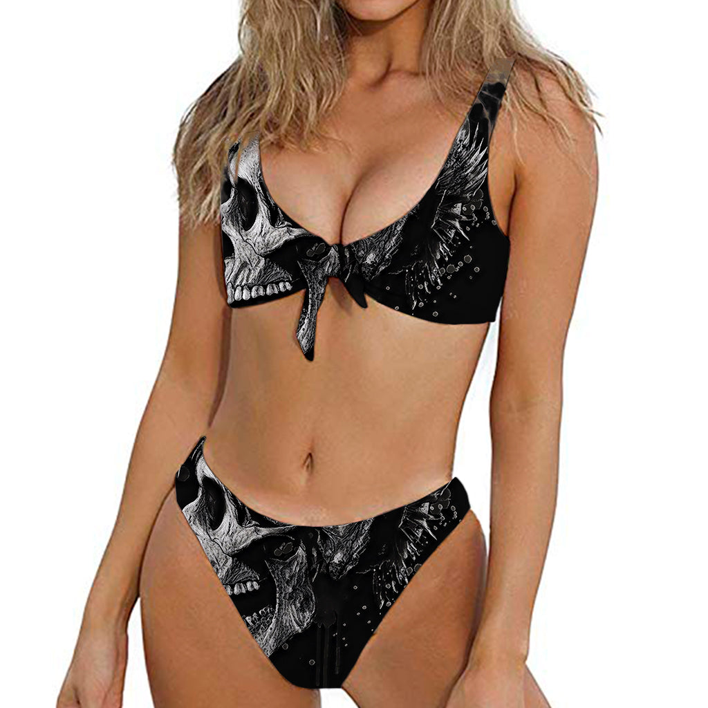 Monochrome Punk Skull Print Front Bow Tie Bikini