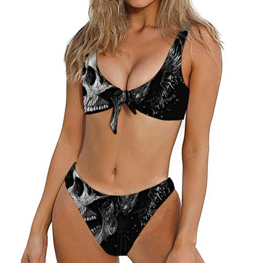 Monochrome Punk Skull Print Front Bow Tie Bikini