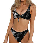 Monochrome Punk Skull Print Front Bow Tie Bikini