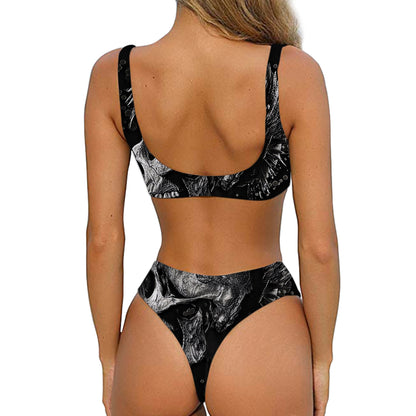 Monochrome Punk Skull Print Front Bow Tie Bikini