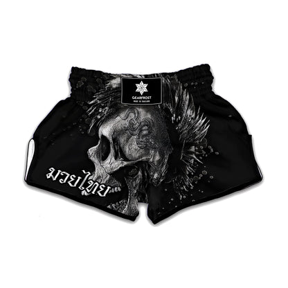 Monochrome Punk Skull Print Muay Thai Boxing Shorts