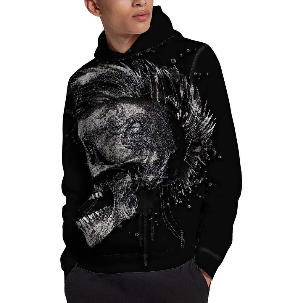 Monochrome Punk Skull Print Pullover Hoodie