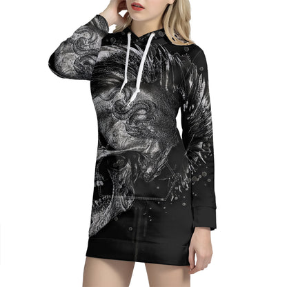 Monochrome Punk Skull Print Pullover Hoodie Dress