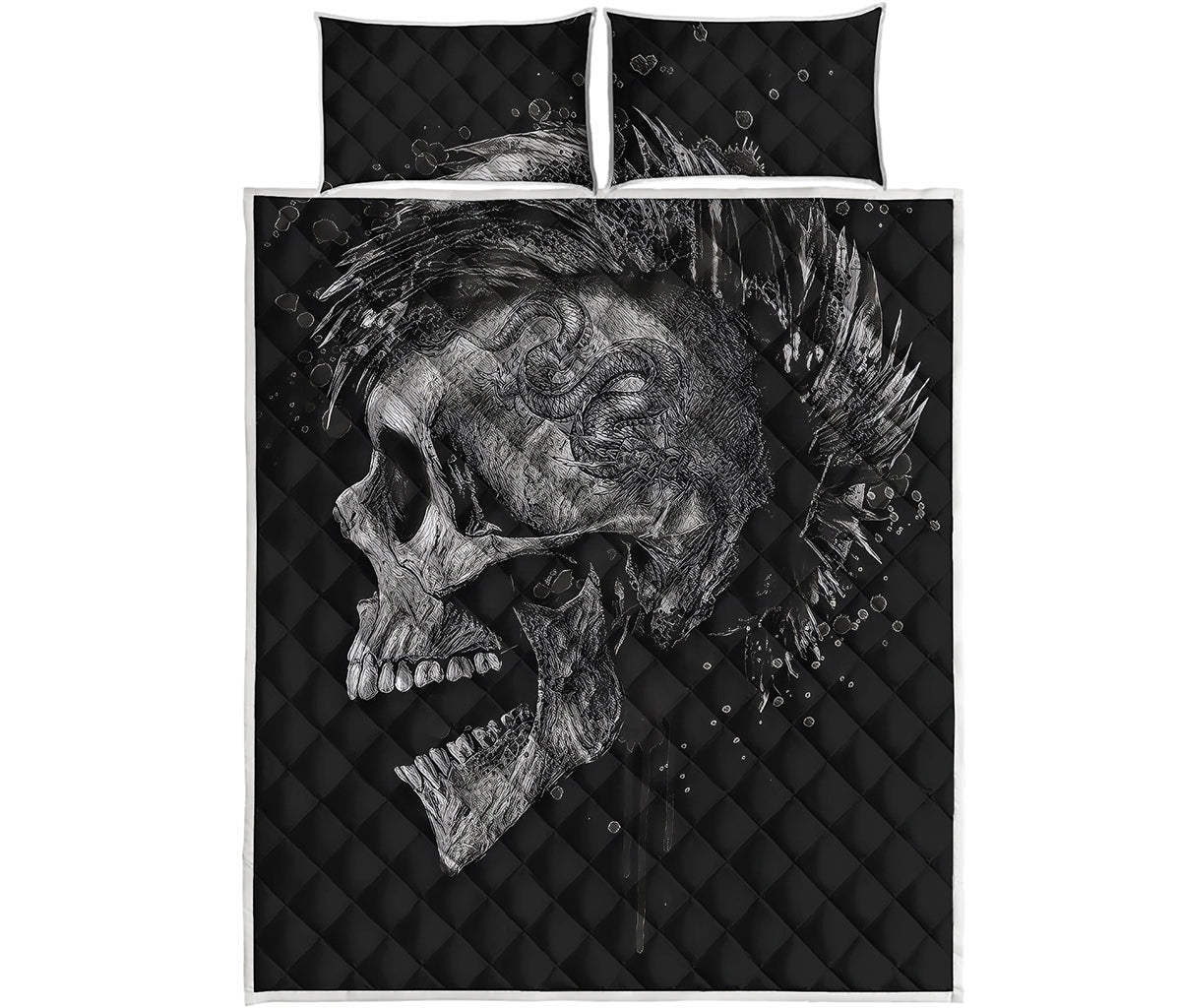 Monochrome Punk Skull Print Quilt Bed Set