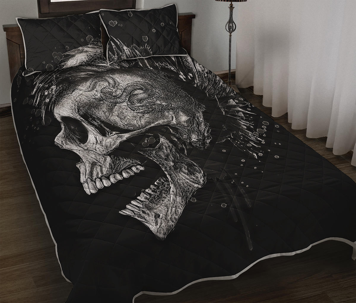 Monochrome Punk Skull Print Quilt Bed Set