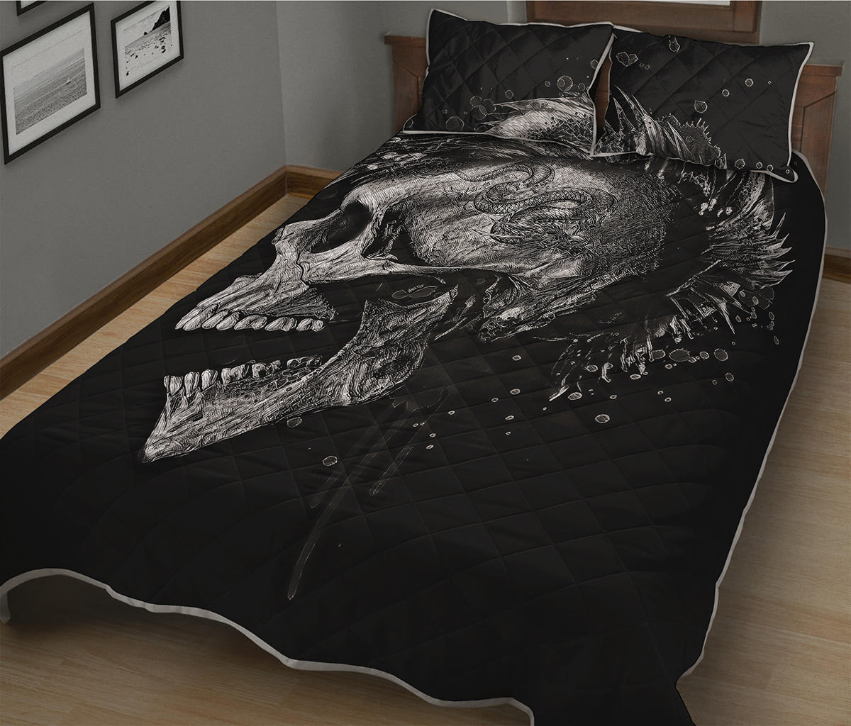 Monochrome Punk Skull Print Quilt Bed Set