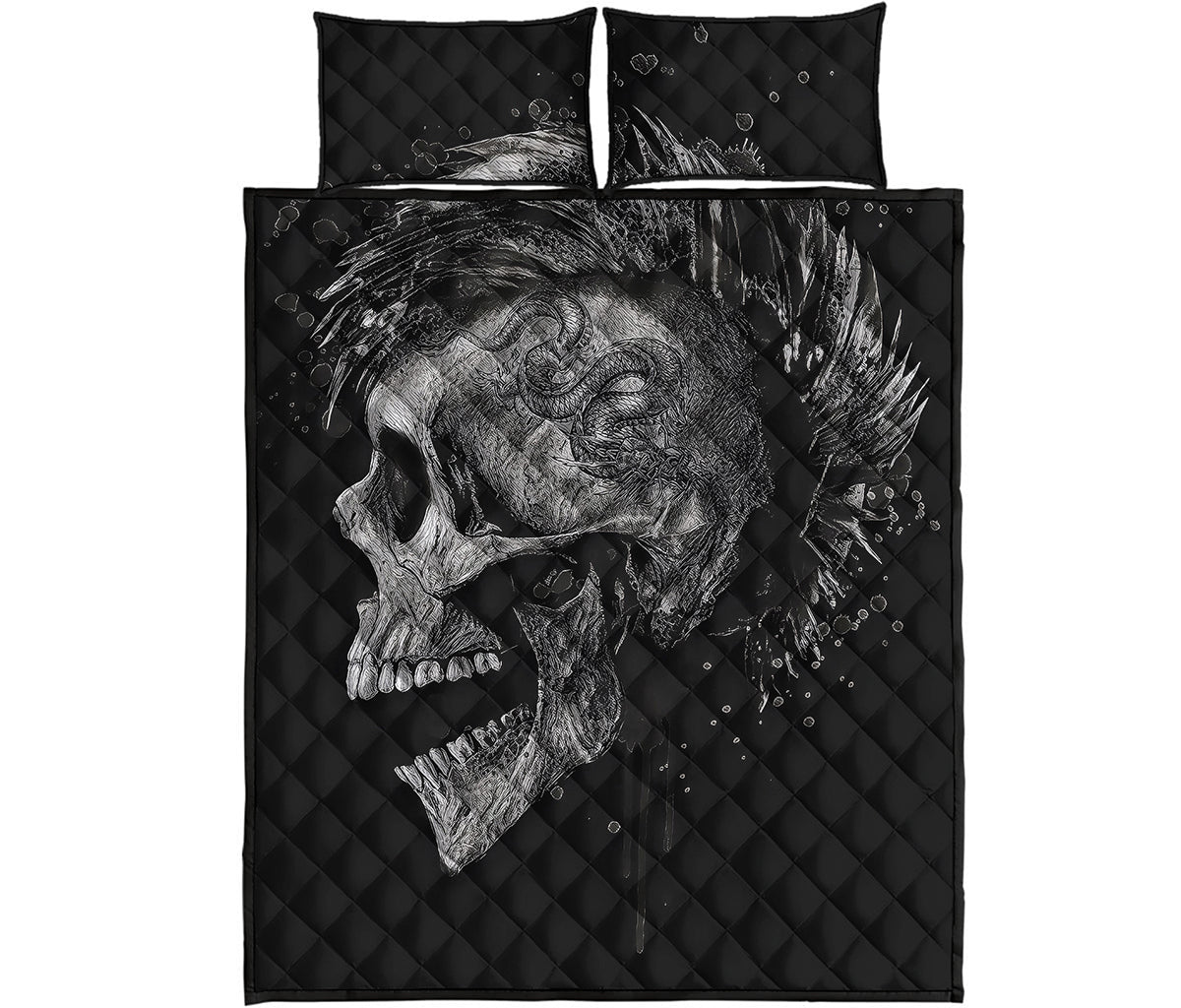 Monochrome Punk Skull Print Quilt Bed Set