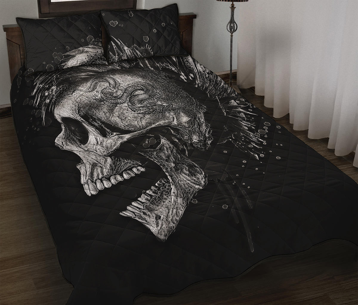Monochrome Punk Skull Print Quilt Bed Set
