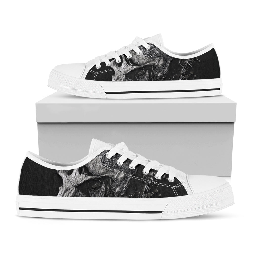 Monochrome Punk Skull Print White Low Top Shoes