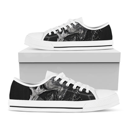 Monochrome Punk Skull Print White Low Top Shoes