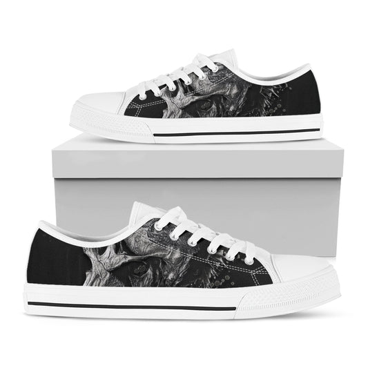 Monochrome Punk Skull Print White Low Top Shoes