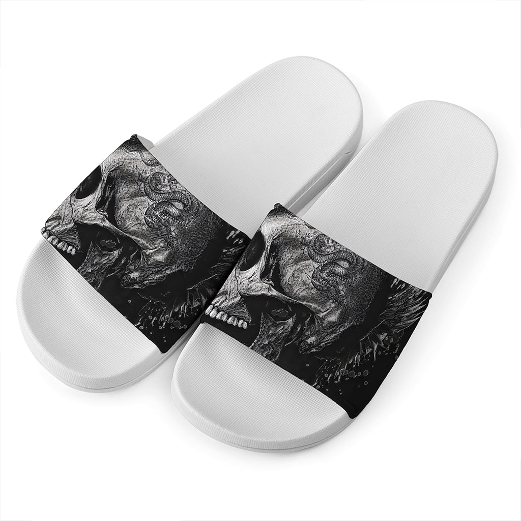 Monochrome Punk Skull Print White Slide Sandals