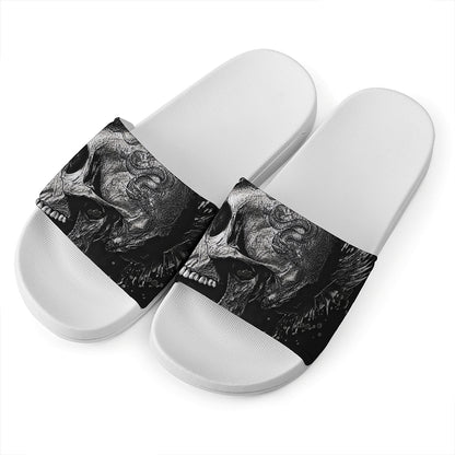 Monochrome Punk Skull Print White Slide Sandals