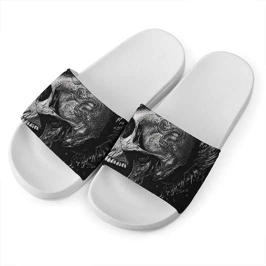 Monochrome Punk Skull Print White Slide Sandals