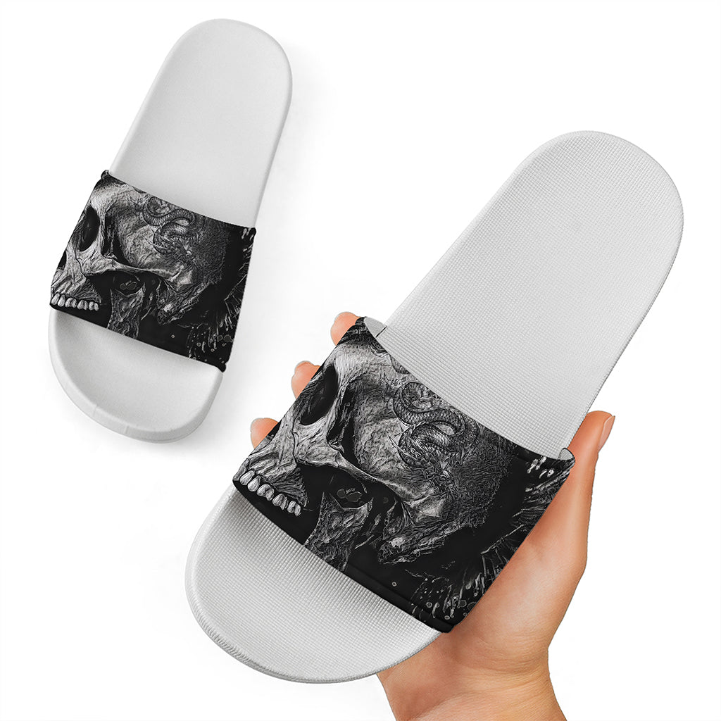 Monochrome Punk Skull Print White Slide Sandals