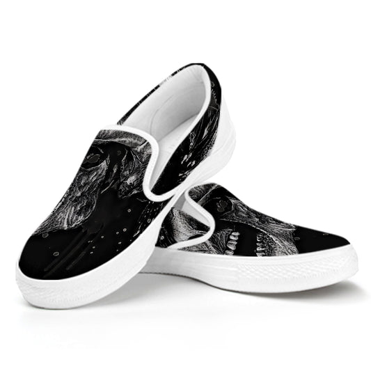 Monochrome Punk Skull Print White Slip On Shoes