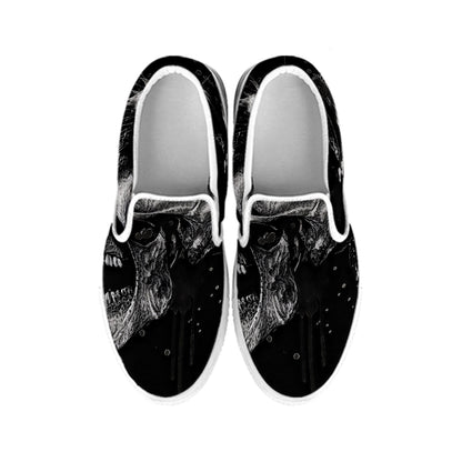 Monochrome Punk Skull Print White Slip On Shoes