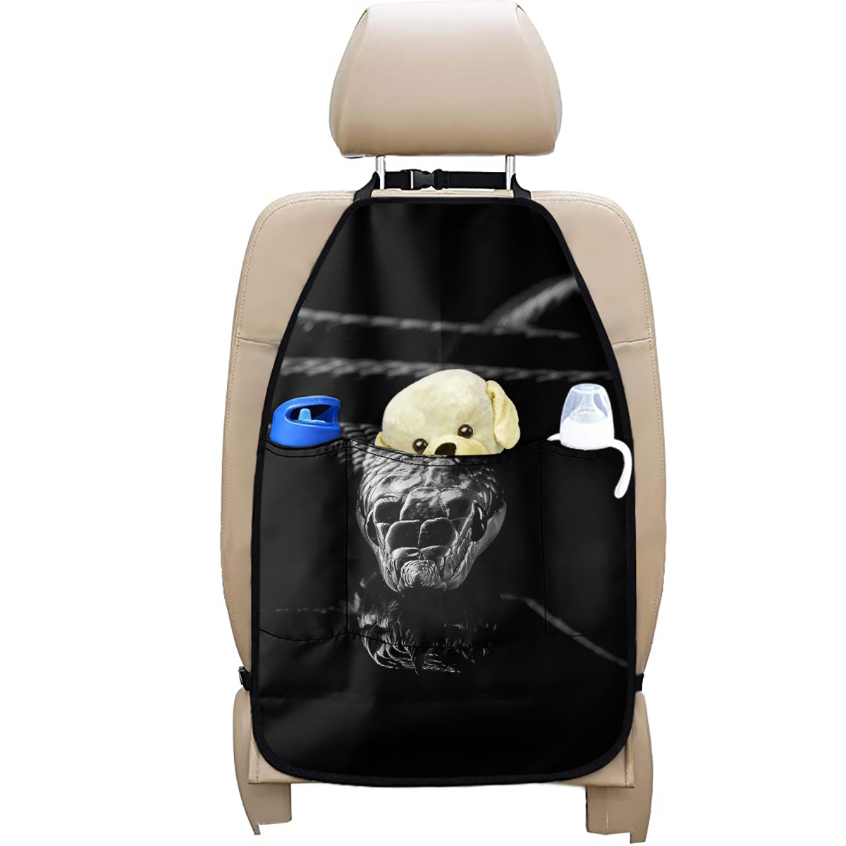 Monochrome Rhinoceros Ratsnake Print Car Seat Organizers