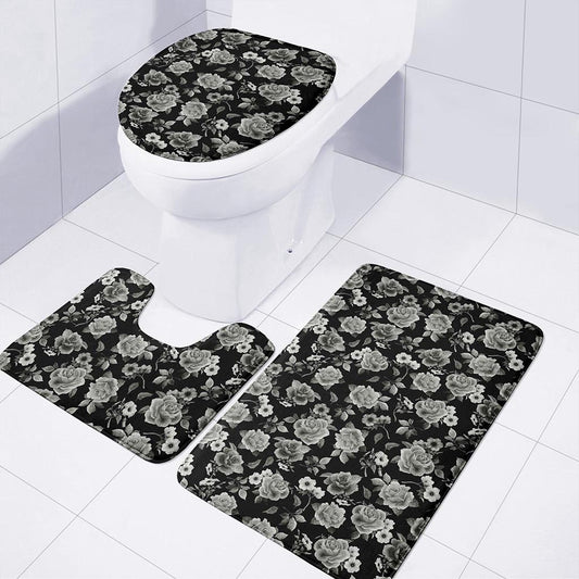 Monochrome Rose Floral Pattern Print 3 Piece Bath Mat Set
