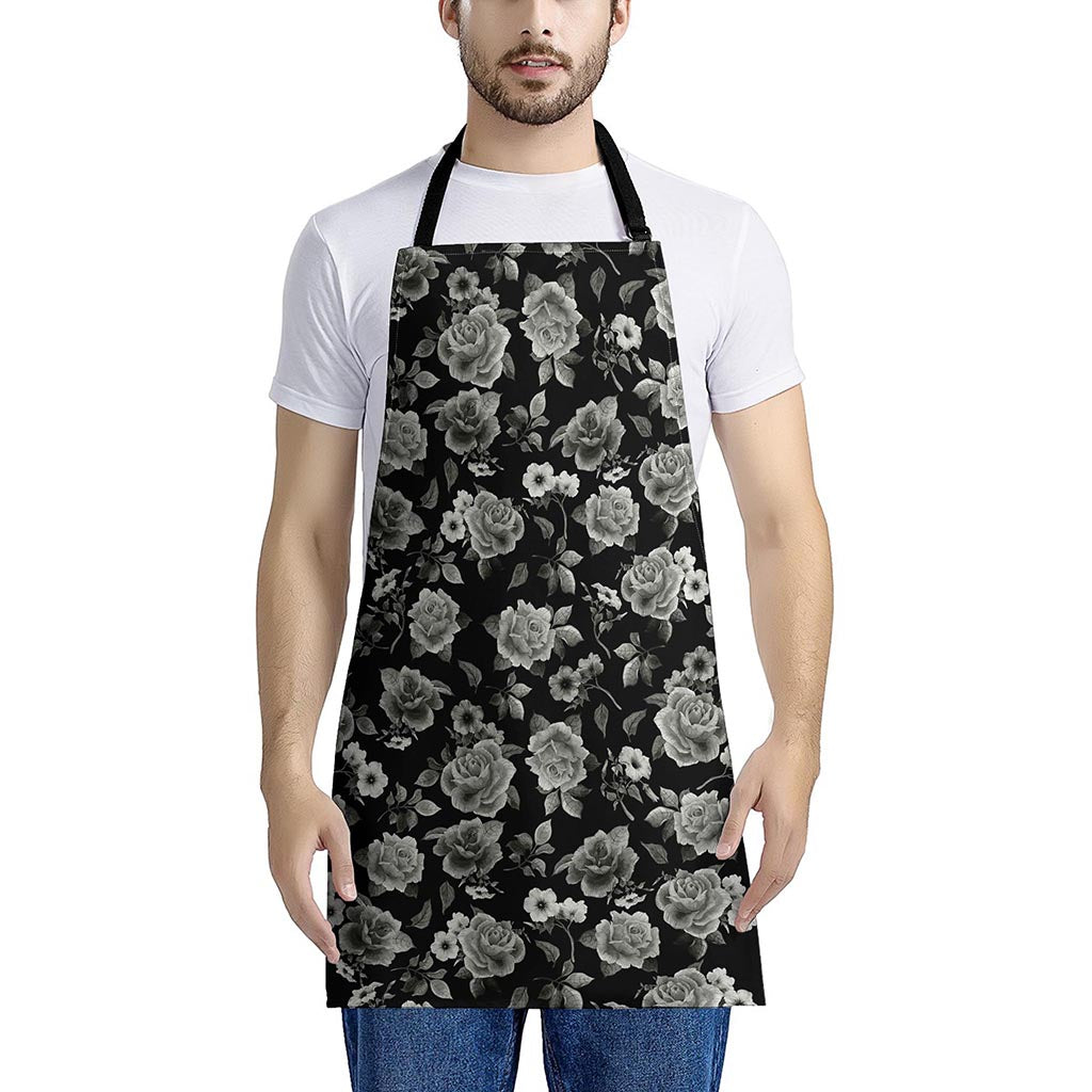 Monochrome Rose Floral Pattern Print Apron