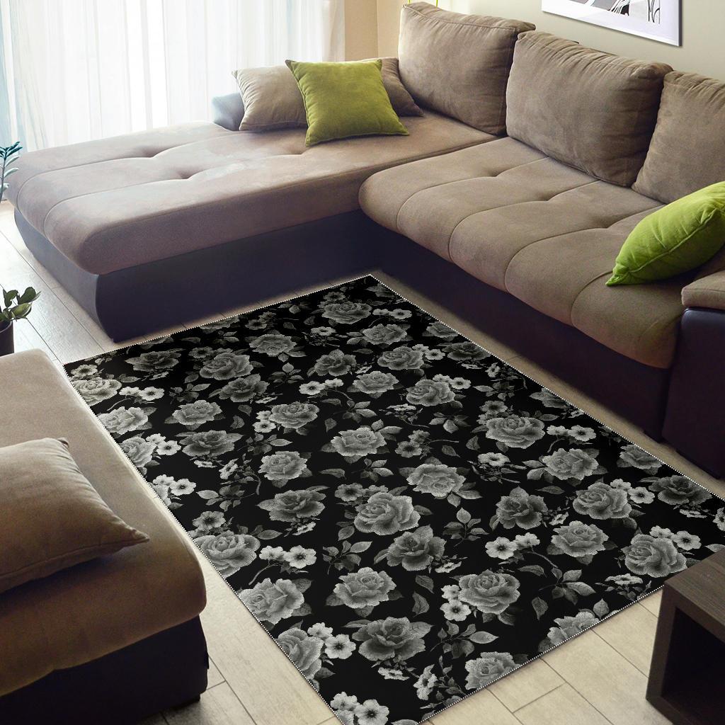 Monochrome Rose Floral Pattern Print Area Rug GearFrost