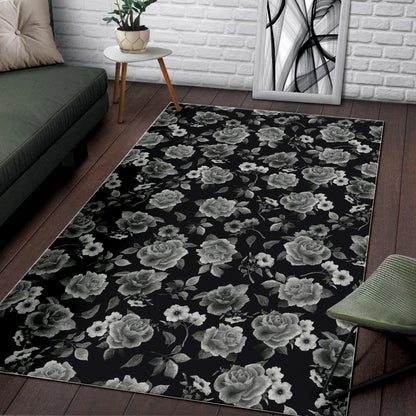 Monochrome Rose Floral Pattern Print Area Rug GearFrost