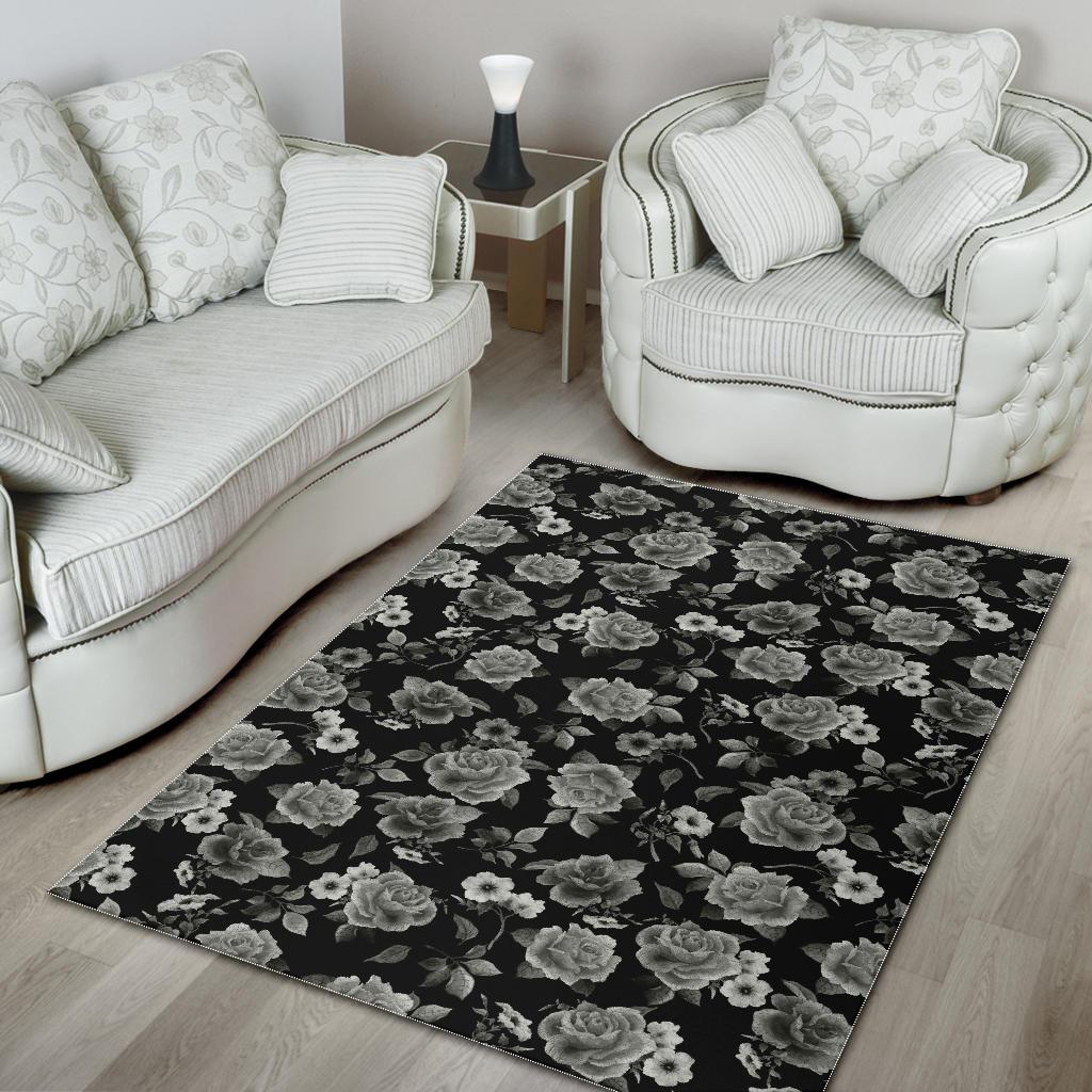 Monochrome Rose Floral Pattern Print Area Rug GearFrost