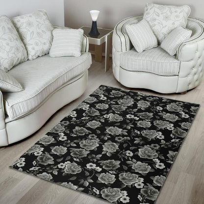 Monochrome Rose Floral Pattern Print Area Rug GearFrost