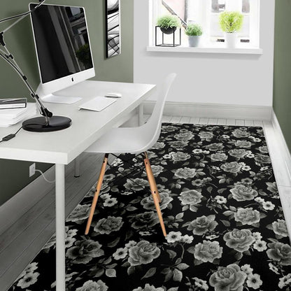Monochrome Rose Floral Pattern Print Area Rug GearFrost