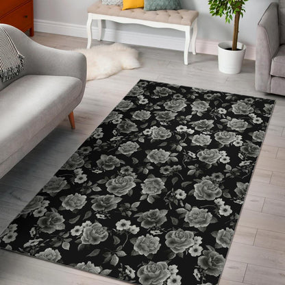 Monochrome Rose Floral Pattern Print Area Rug GearFrost