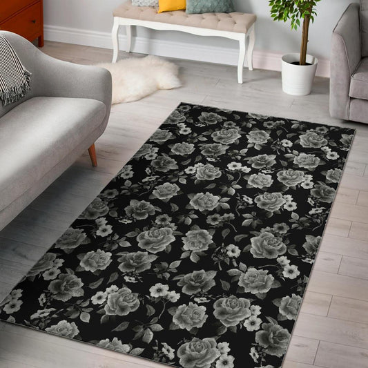 Monochrome Rose Floral Pattern Print Area Rug GearFrost